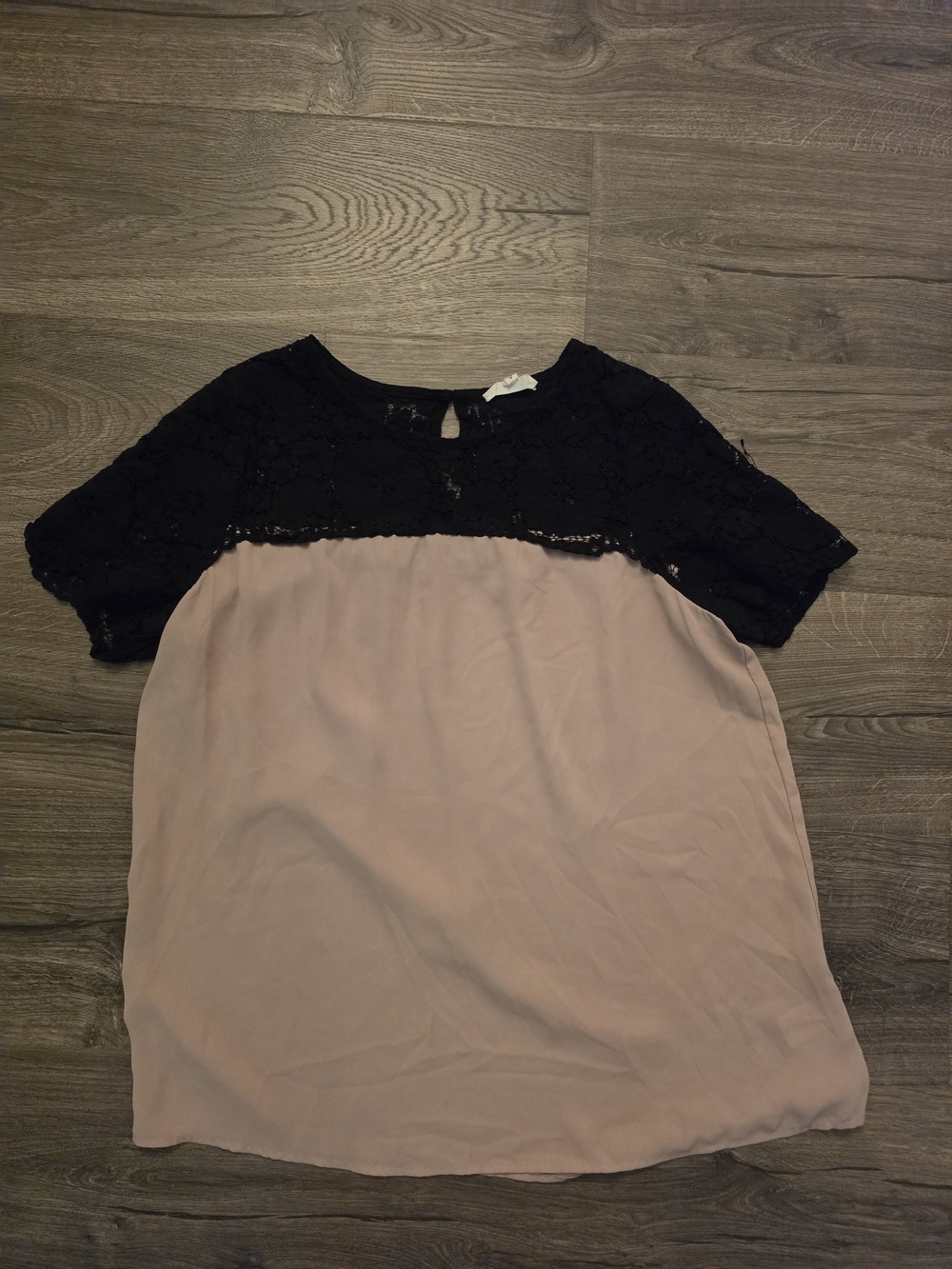 Pleione Black Lace Yoke Short Sleeve Blouse with Blush Body